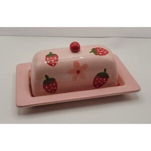 STRAWBERRY Ceramic Butter Dish Pink Red 7" x 4" x 2.5" Unbranded Hobby Piece